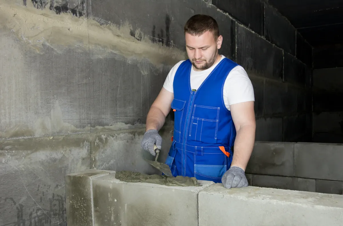 A mason spreading mortar along the top course of a block wall before the next course of a block wall extension goes on